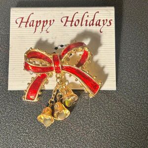 Red Bow with Gold Bells Christmas Holiday Brooch, Festive Jewelry
